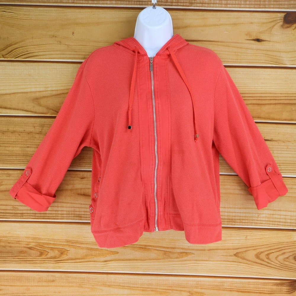 Studio Works Full Zip Jacket Womens Sz PL Orange 3/4 Sleeves Hooded Pockets Knit